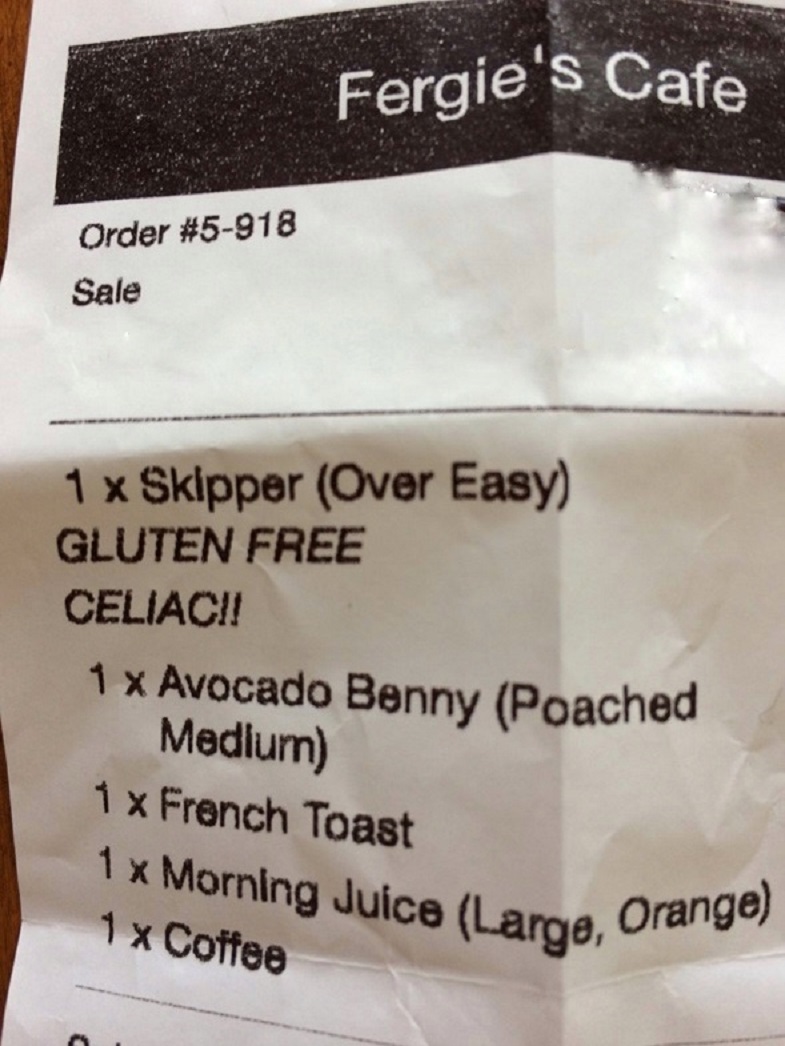 Receipt from Fergies cafe showing celiac